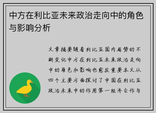 中方在利比亚未来政治走向中的角色与影响分析